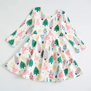 Festive Kids Dress with Nutcracker and Tree Print